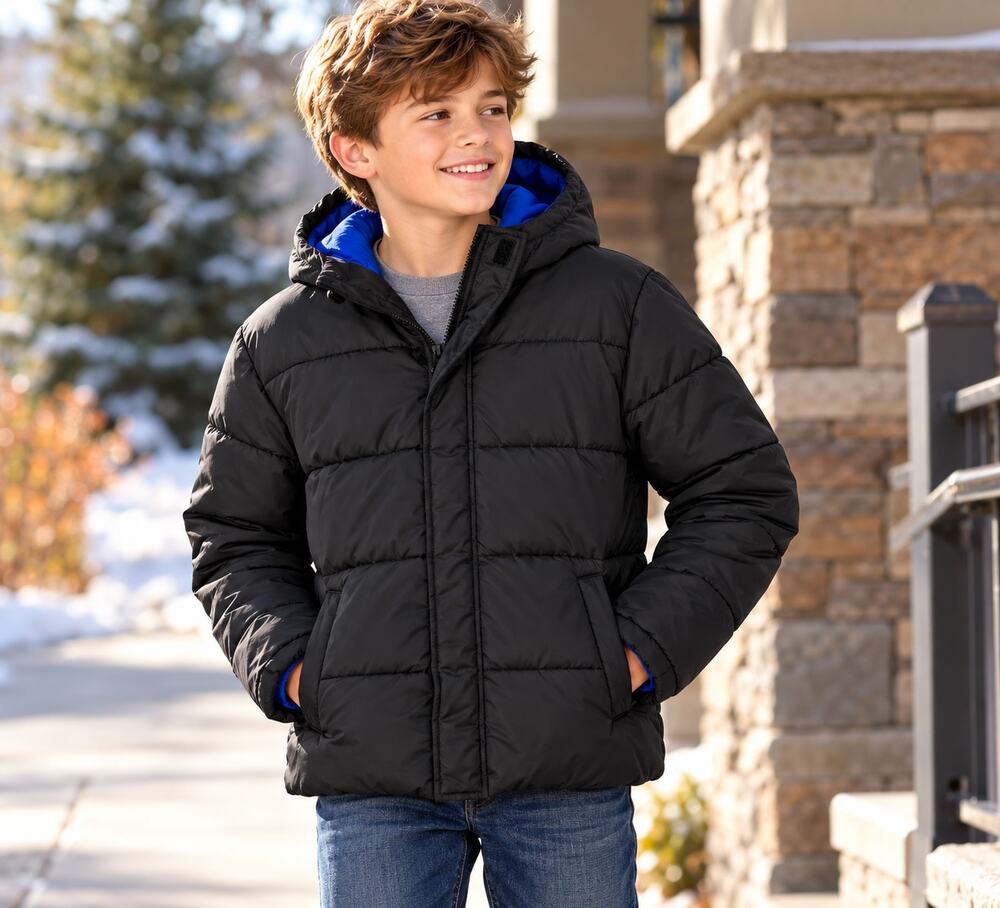 Faded Glory Boys XXL 18 Black Puffer Jacket Blue Lined Hood Winter Coat